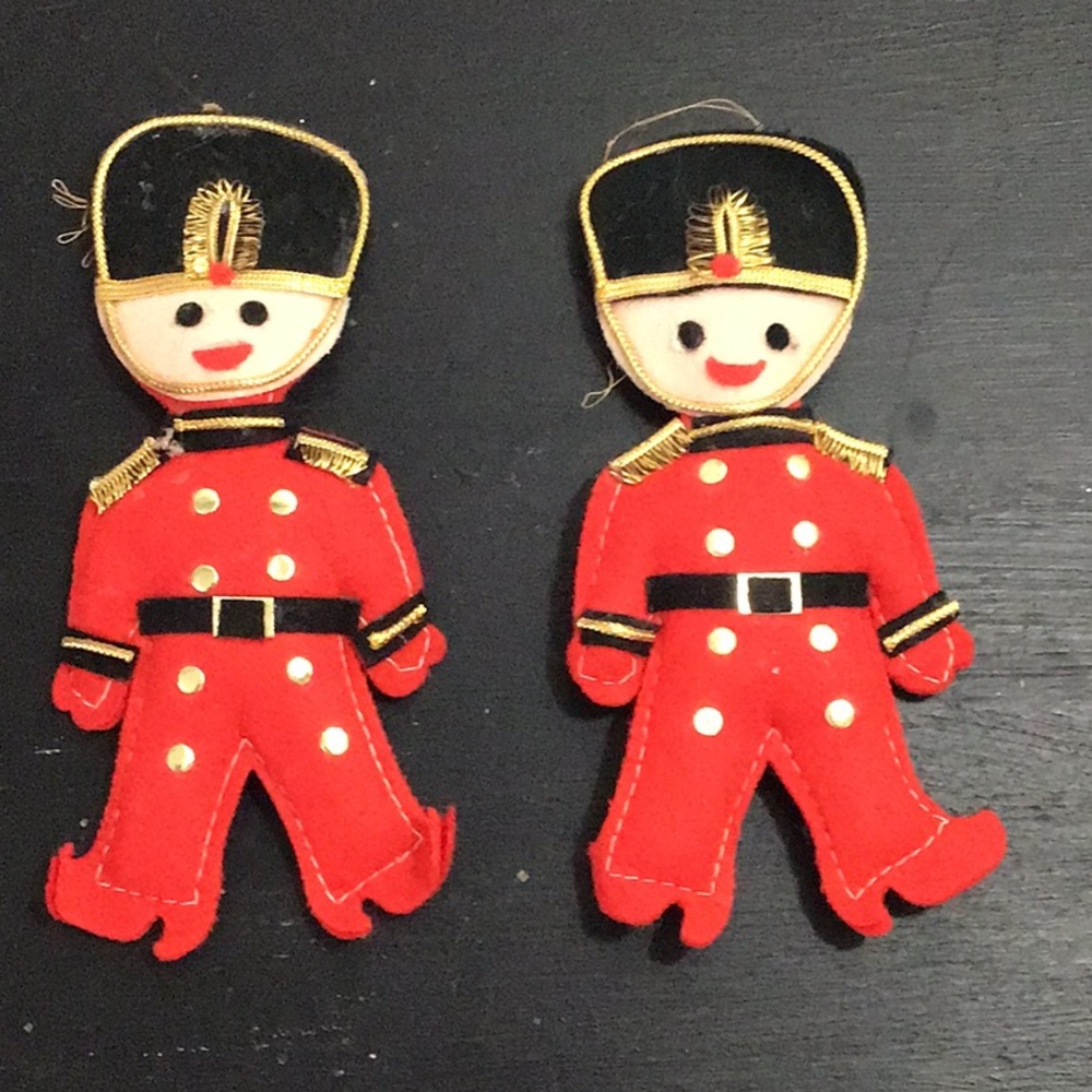 2 Vintage Handmade Fabric Nutcracker Christmas Ornaments 5.5” x 3”